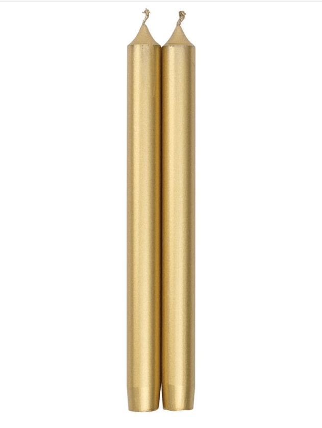 A close-up of a gold cylinder candle, part of the 12 inch Duet Crown Candles - sold in a pair from Party Social.
