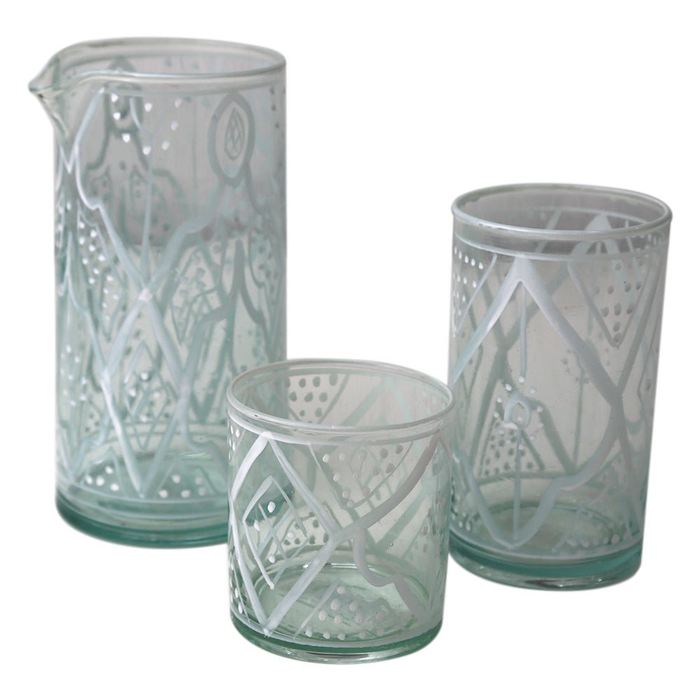 Marrakesh Patterned Low Tumbler Glass with elegant design, vase, cups, and pitcher.