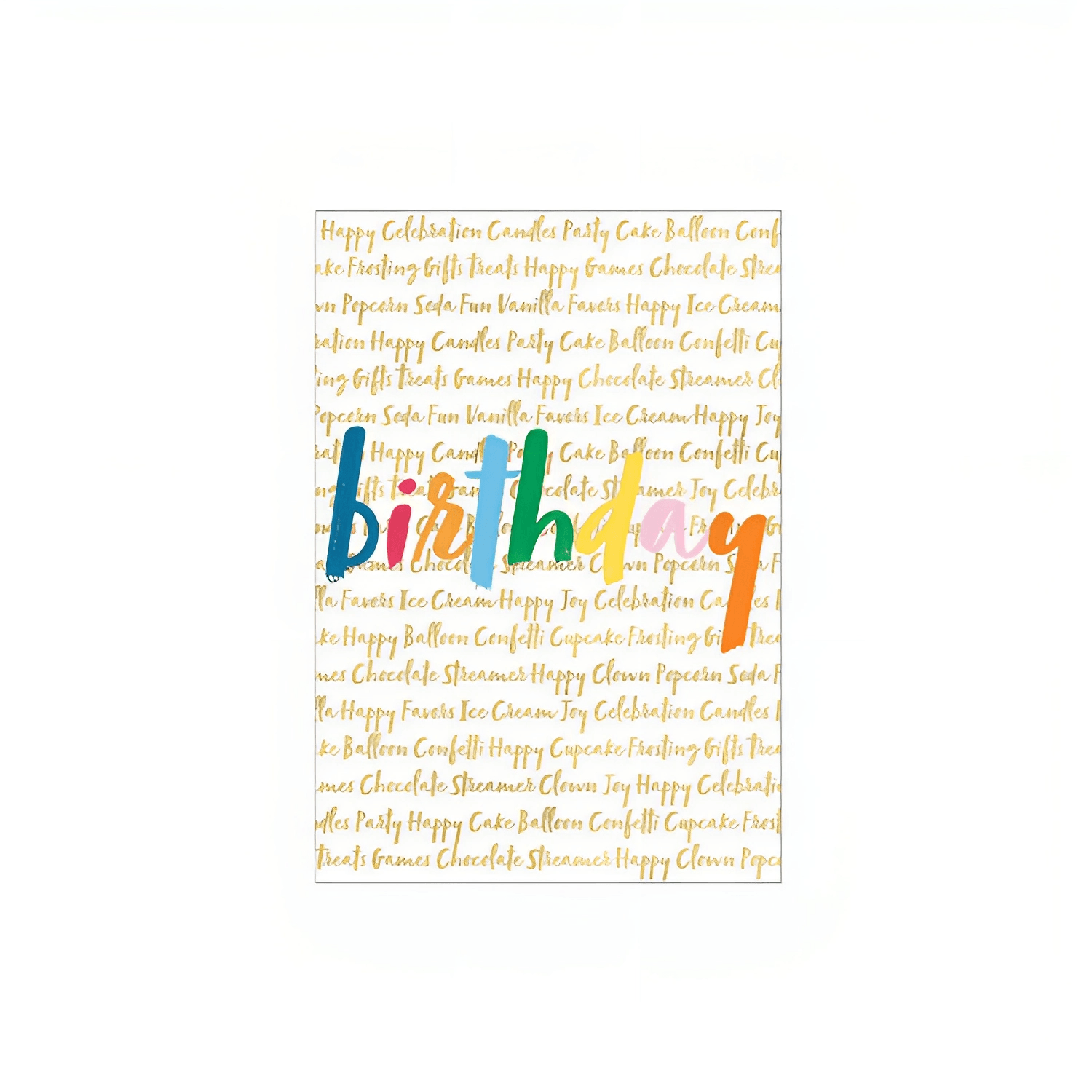 Birthday Words Greetings Card - a vibrant card with gold and colorful text, featuring a close-up of a number and a green stripe. Perfect for celebrating birthdays with high-quality, unique designs.
