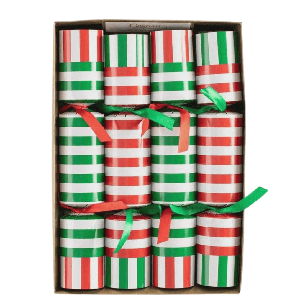 Club Stripe Celebration Christmas Crackers in Red &amp; Green - a festive box of beautifully designed and coordinated table decorations for your Christmas theme.