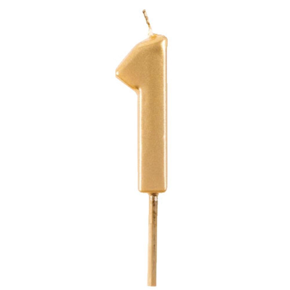 Gold candle in the shape of number 1 for birthdays and special occasions.