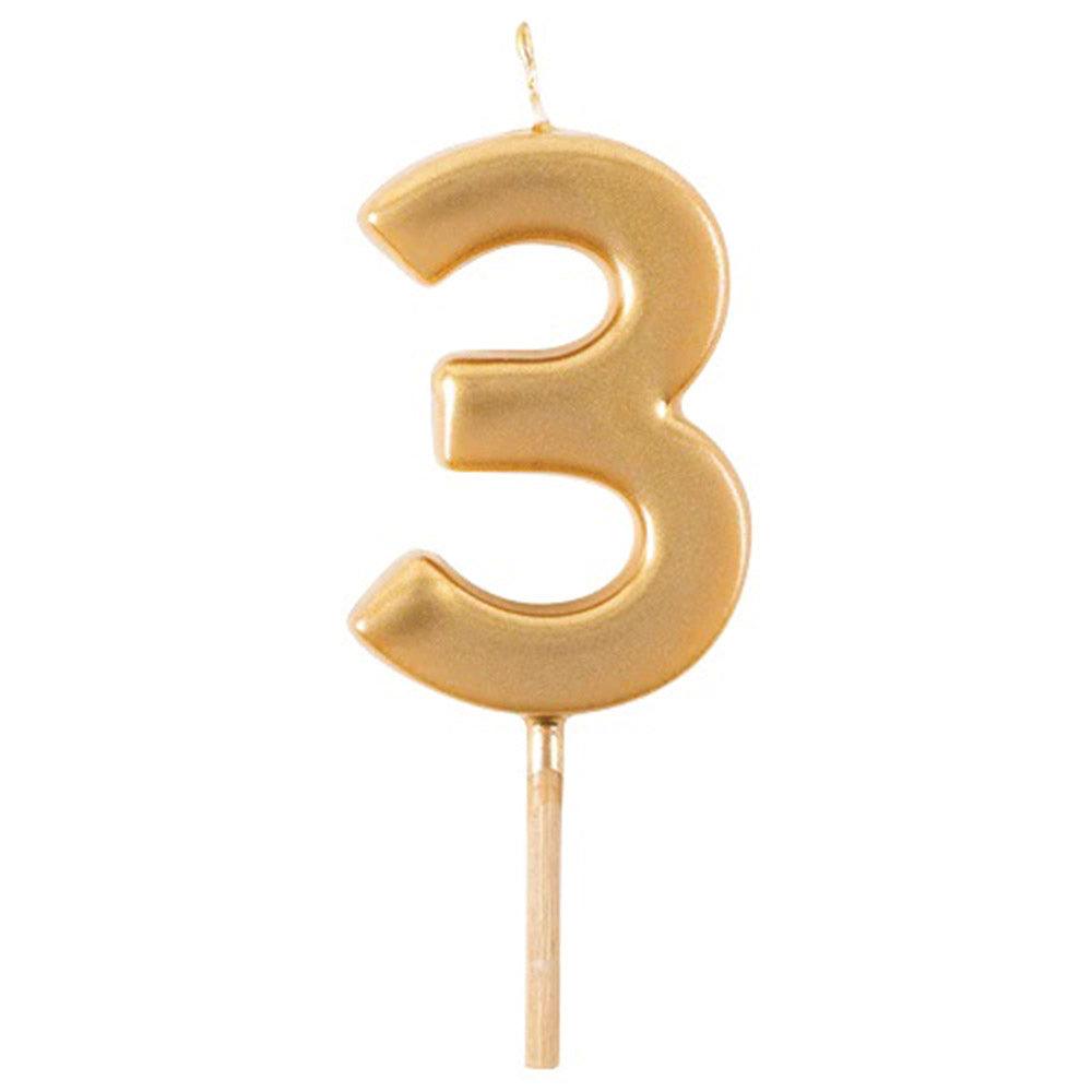 Gold candle number 3 on a stick for birthdays and special occasions.