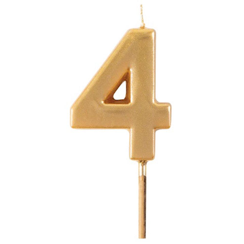 Gold candle number 4 on a stick for birthdays and special occasions.
