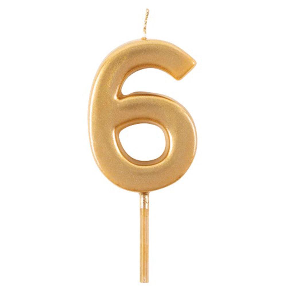 Gold candle number 6 on a stick for birthdays and special occasions.