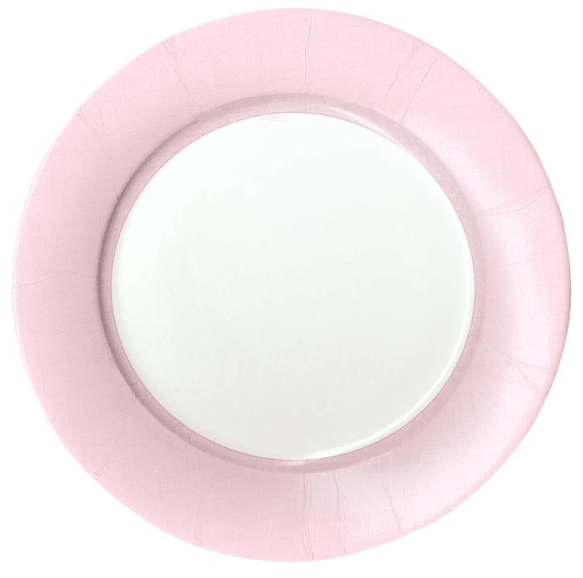 Linen Border Paper Dinner Plates - 8 Per Package, a pink and white plate with elegant design. Elevate your table setting with these fine porcelain-like paper plates from Caspari.