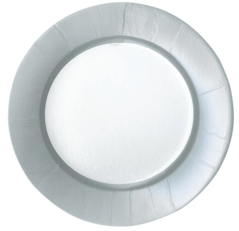 Linen Border Paper Dinner Plates - 8 Per Package: Elegant white plate with a circular design, perfect for any occasion.