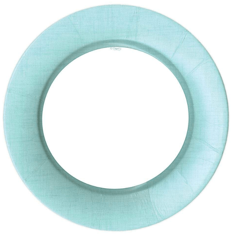 Round blue and white paper plate with a circle design, perfect for elegant table settings. Durable and high-quality. 8 per package.