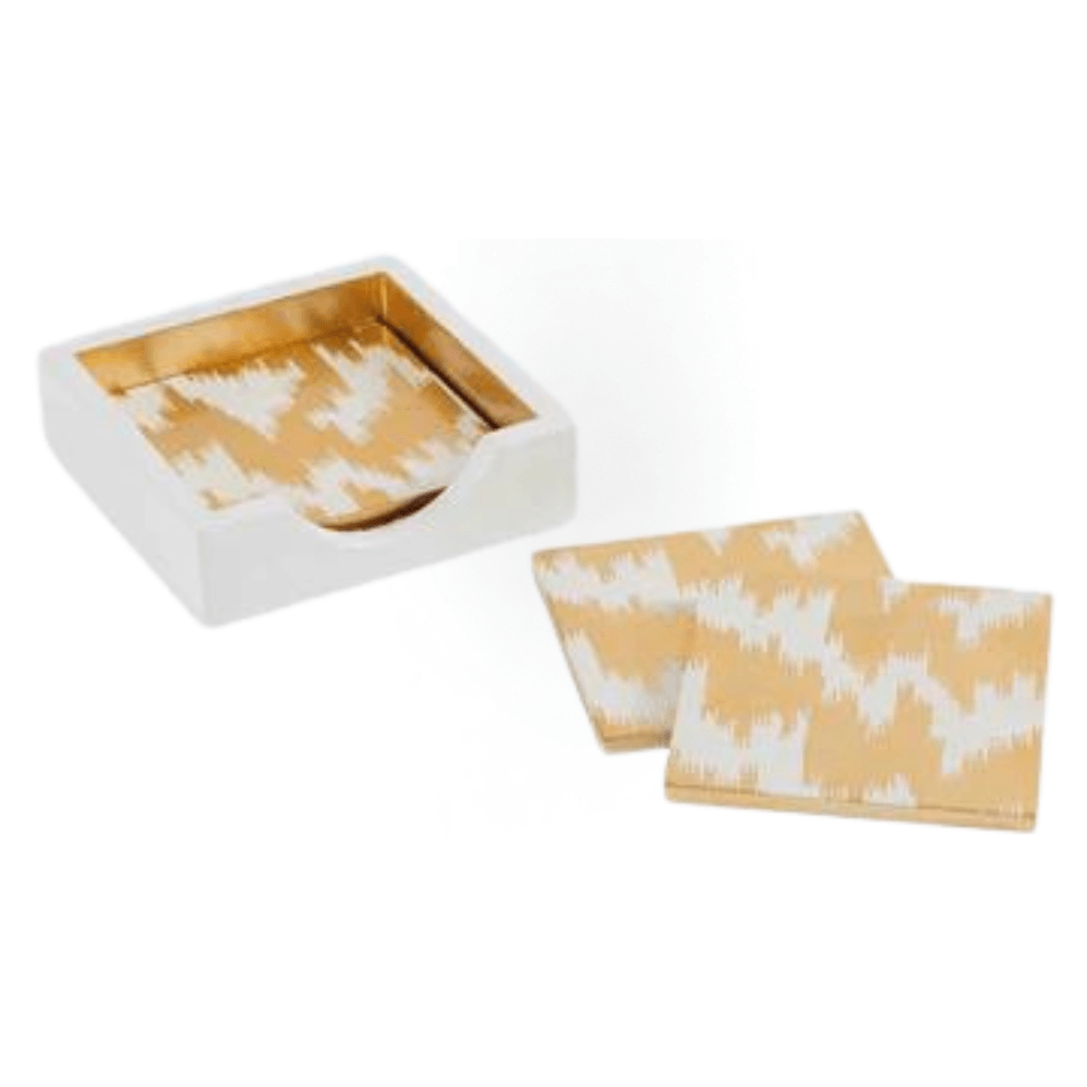 A set of 4 Modern Moiré Square Lacquer Coasters in a holder, featuring eye-catching artwork from best selling artists and museum collections. Handmade in Vietnam with a shining finish, these limited edition coasters are practical and beautiful accents for your home.