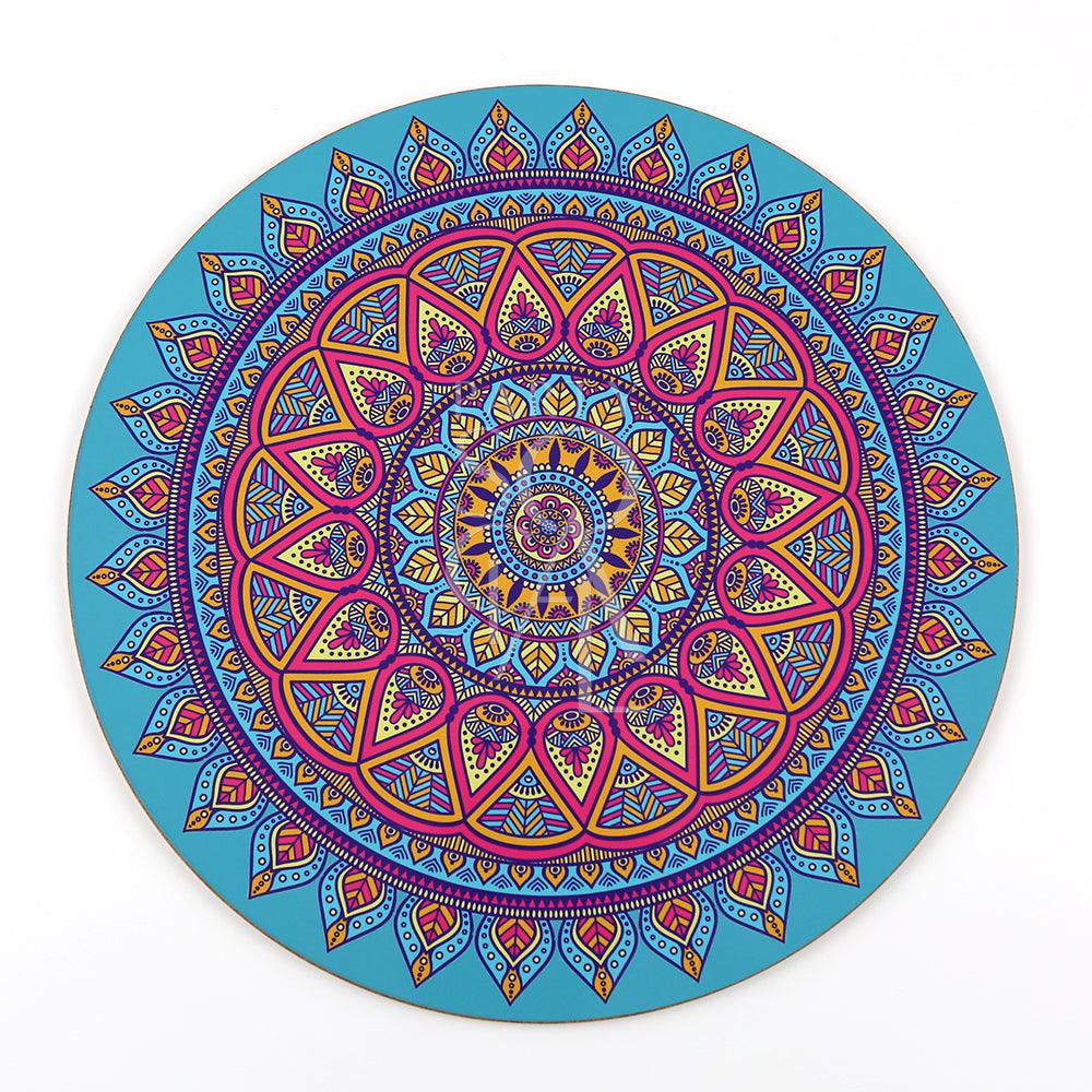 Round Die Cut Placemat featuring a captivating mandala design, perfect for adding flair to your table. Ideal for special events, themed parties, or formal dining setups. Available in 3 colors.
