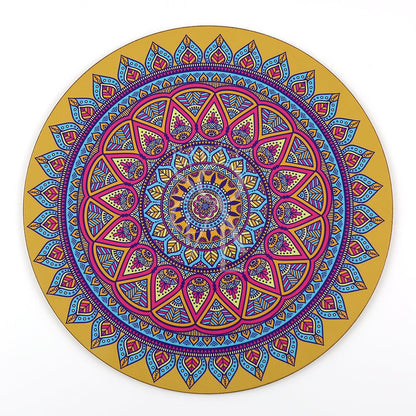 Round Die Cut Placemat featuring a captivating mandala motif, perfect for adding vibrancy to your table setting. Ideal for special events and themed parties. Available in 3 colors.