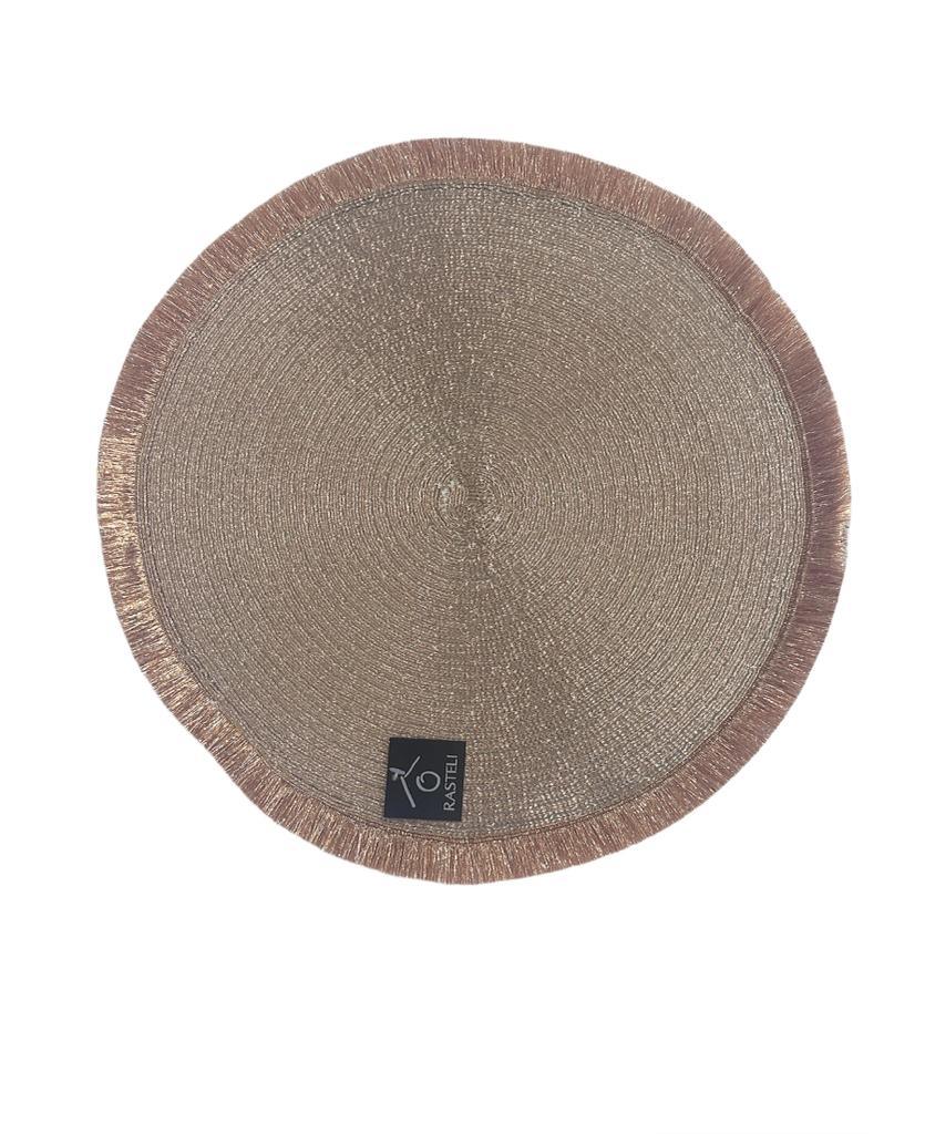 A durable and stylish round woven mat with fringe, perfect for table setups. Sold per 1 piece.