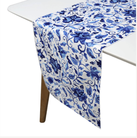 Summer Florals Polyester Linen Runner on a table with elegant design
