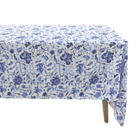A tablecloth with a floral pattern, perfect for dressing up any meal or event.