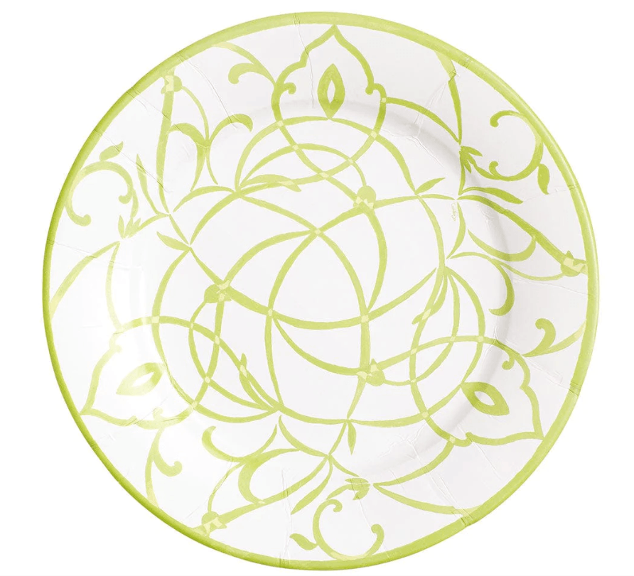 A plate with a circular design, resembling fine porcelain dinnerware, adds elegance to any table setting.