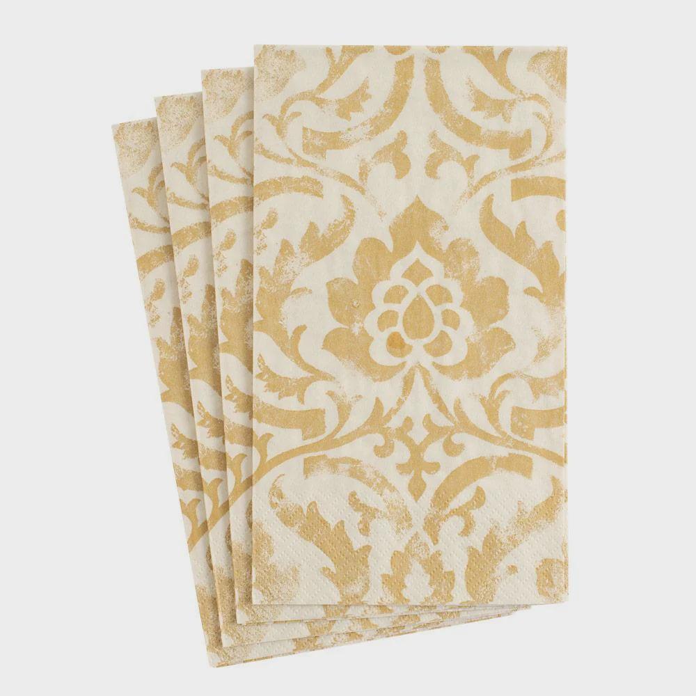 Baroque Paper Guest Towel Napkins in Gold - a stack of elegant, triple-ply napkins featuring a striking motif and durable design. 15 per package.