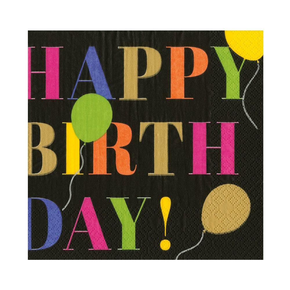 Birthday Surprise Cocktail Napkins - Colorful letters and balloons design on a black napkin. Elevate any occasion with these durable, eco-friendly napkins. 20 napkins per package.