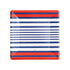 A square plate with red and blue stripes, perfect for elevating your table setting. Made from durable paperboard, these Breton Stripe Blue Salad & Dessert Plates are ideal for any occasion.