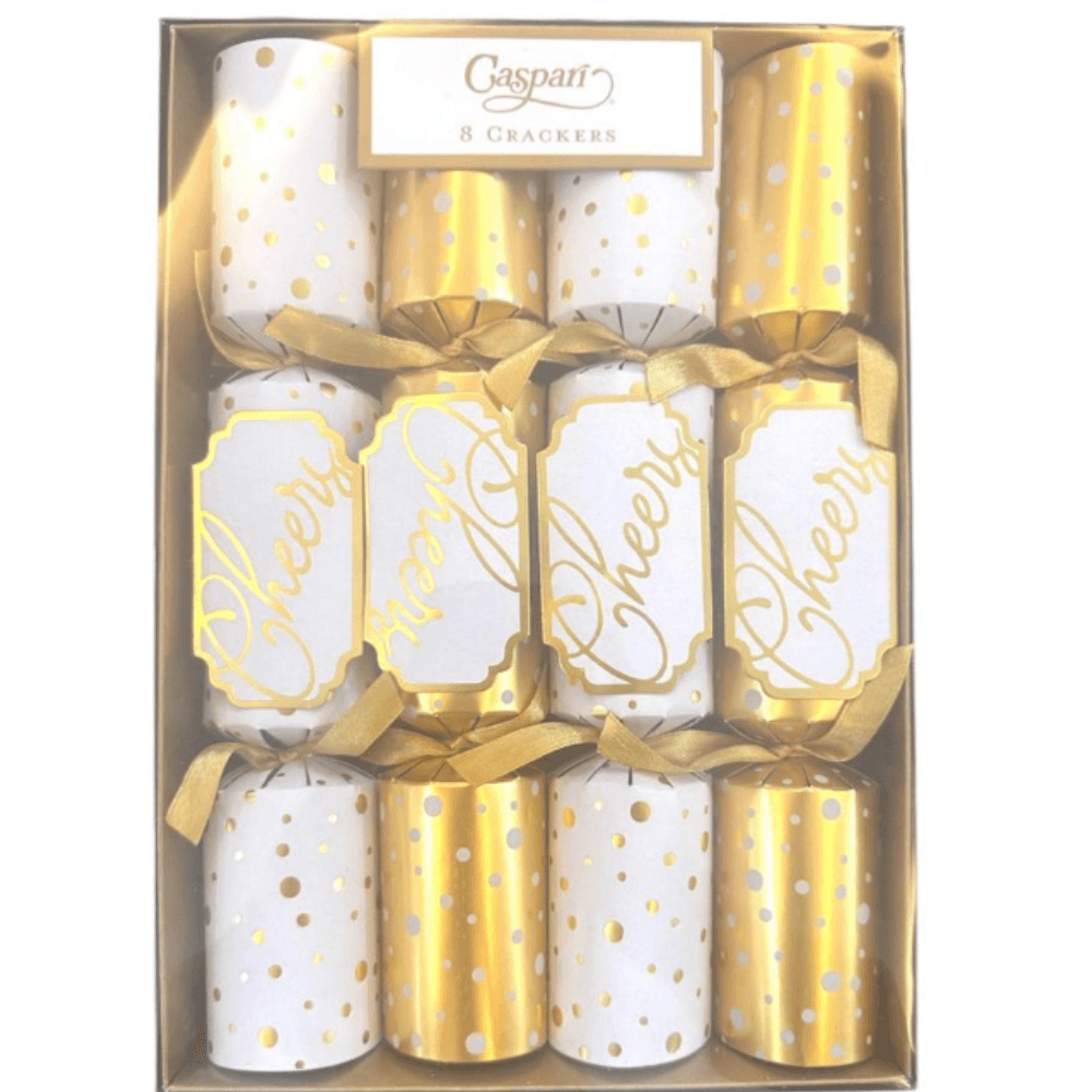 Cheers to You Christmas Crackers in Gold &amp; white - 8 Per Box, a box of crackers with a beautiful design and color, perfect for adding the final touch to your Christmas-themed table setting.