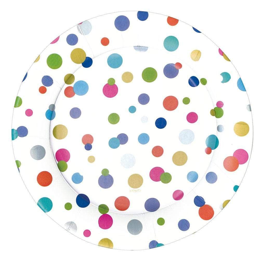 A set of Confetti Brights Paper Dinner Plates with colorful polka dots, circles, and vibrant artwork. Elevate your table setting with these elegant, durable paper plates from Caspari. Perfect for any occasion, from picnics to cocktail hours and birthdays.