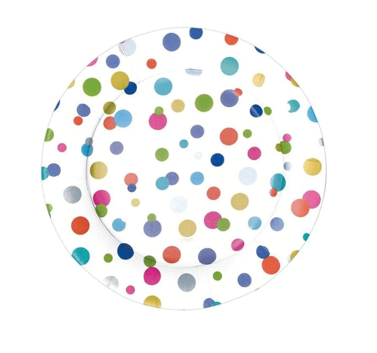 Caspari Confetti Brights paper plate with playful polka dot design. Elevate your table setting with this elegant and durable dinnerware.