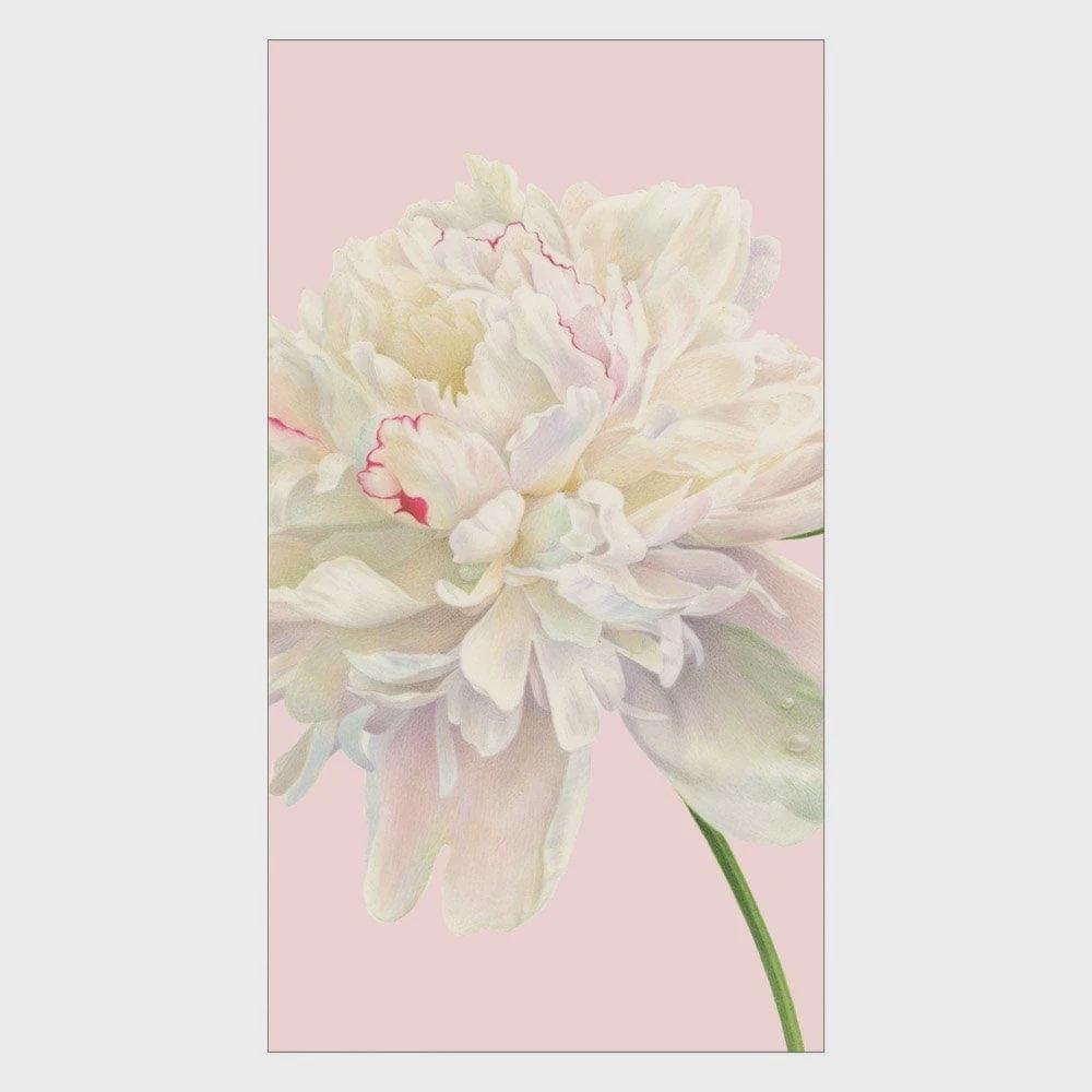 Duchess Peonies Paper Guest Towel Napkins - Close-up of a striking flower design on a durable triple-ply tissue. Elevate any occasion with eco-friendly style and convenience. 15 napkins per package.