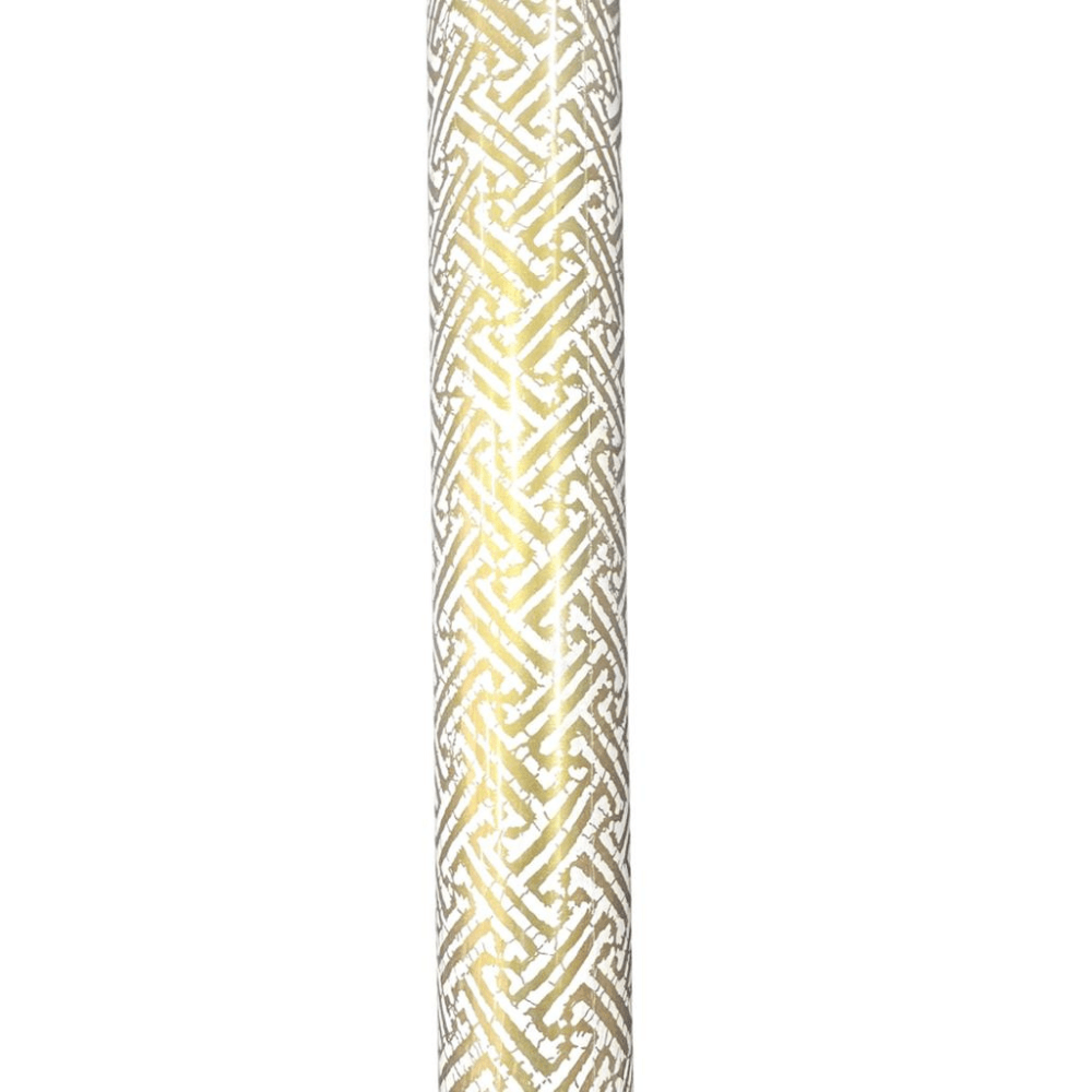 Fretwork Gold Gift Wrap featuring a patterned tube and a close-up of a can.