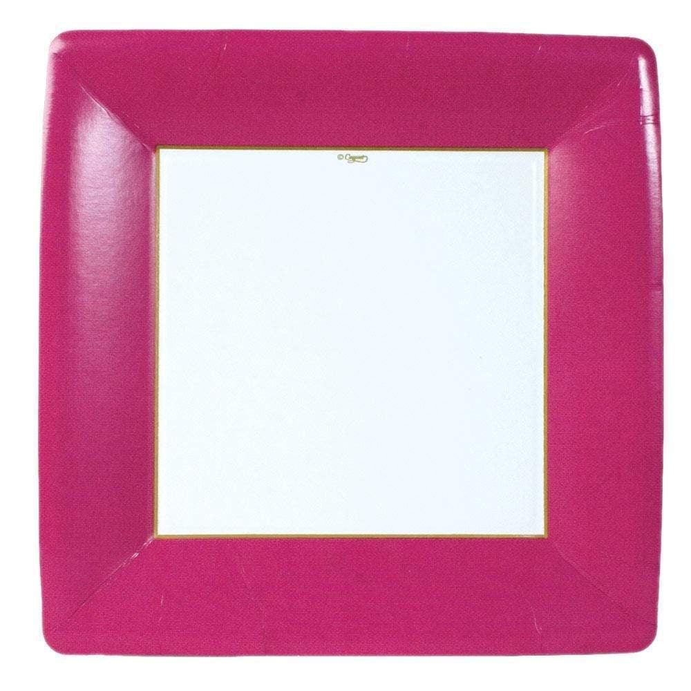 Grosgrain Square Paper Dinner Plates in Rose - 8 Per Package: A stylish square paper plate with a pink frame. Perfect for elegant table settings and effortless cleanup.