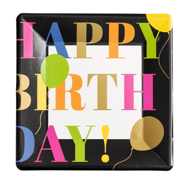 Happy Birthday Salad &amp; Dessert Plate with colorful text on a black square frame. Elevate your table setting with this elegant paper dinnerware.