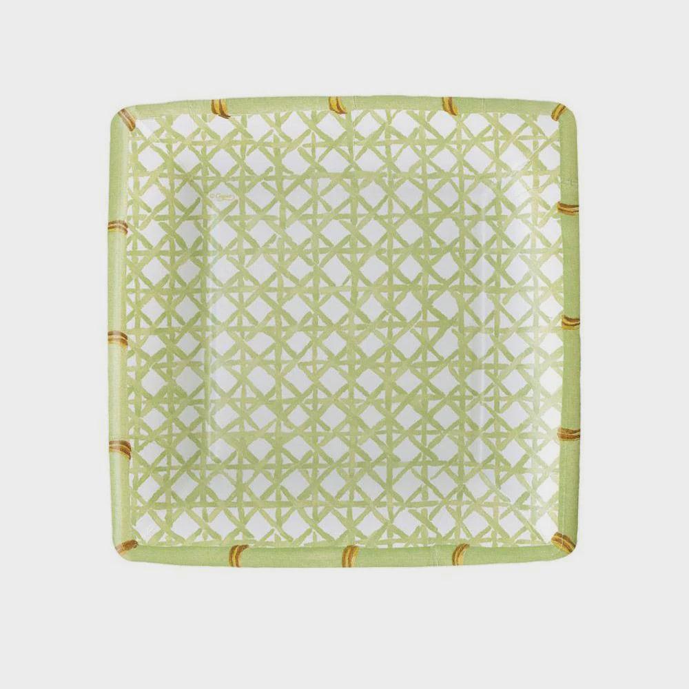 Holly Trellis Square Paper Salad &amp; Dessert Plates - 8 Per Package: A patterned square plate for elegant table settings, made of durable paperboard for easy cleanup.