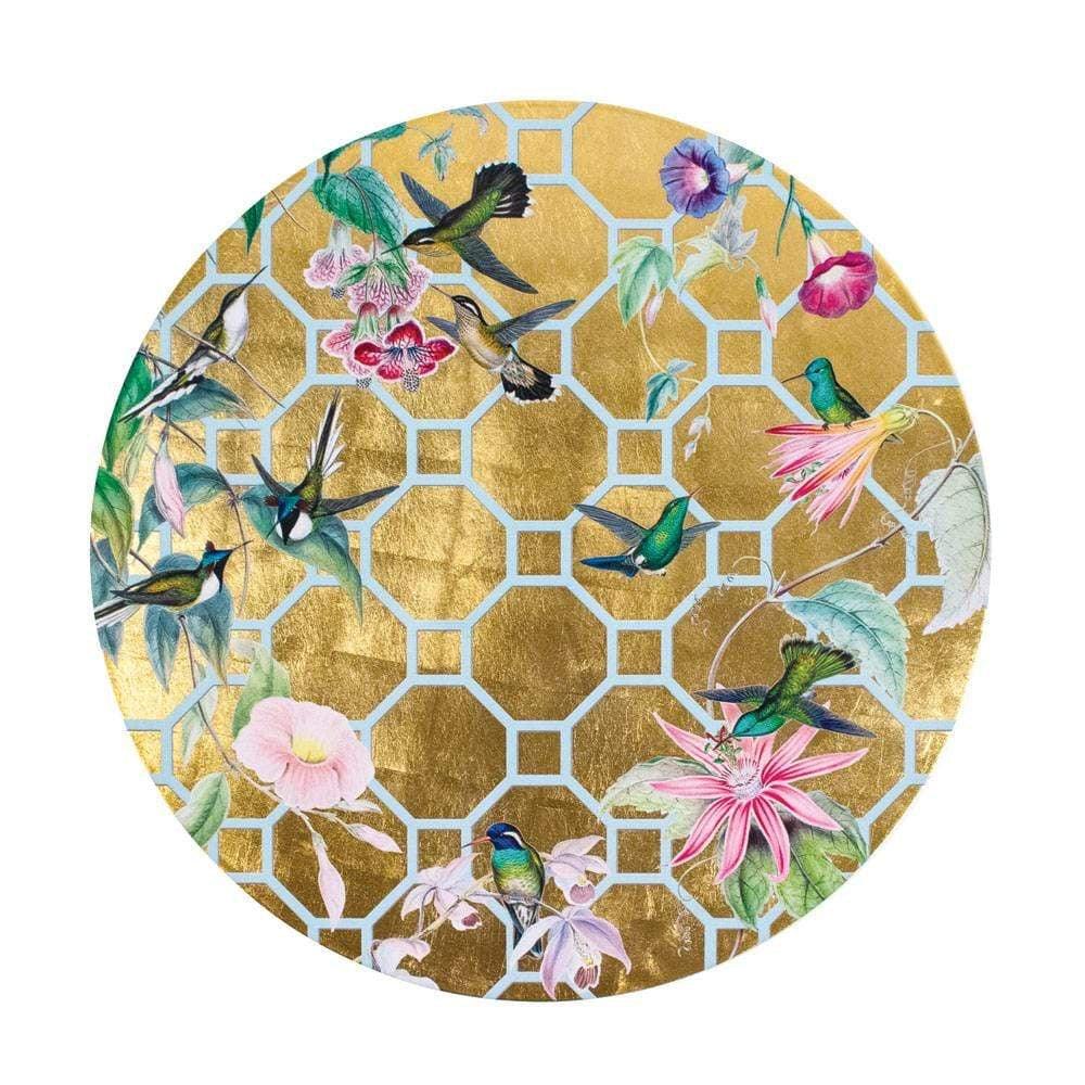 Hummingbird Trellis Round Lacquer Placemat featuring birds and flowers, a stunning addition to your tabletop.
