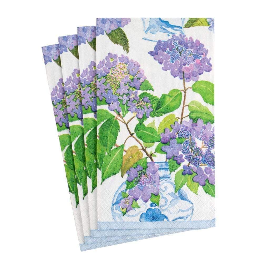 Hydrangeas and Porcelain Paper Guest Towel Napkins - 15 Per Package: Triple-ply napkins with elegant floral design, perfect for any occasion. Biodegradable and compostable.