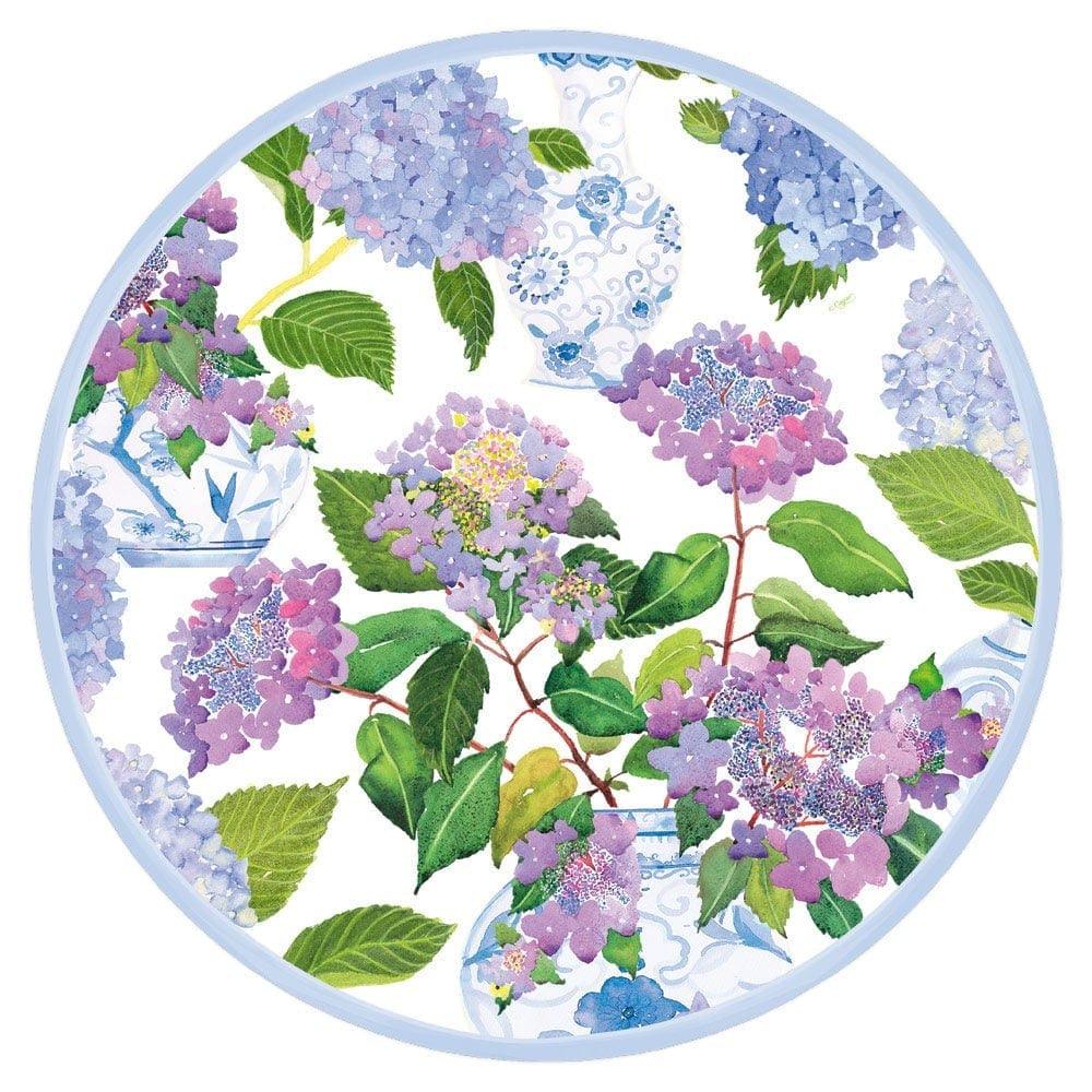 Hydrangeas and Porcelain Round Paper Placemat with flower design. Perfect for birthday parties and table setups. 12 per package.