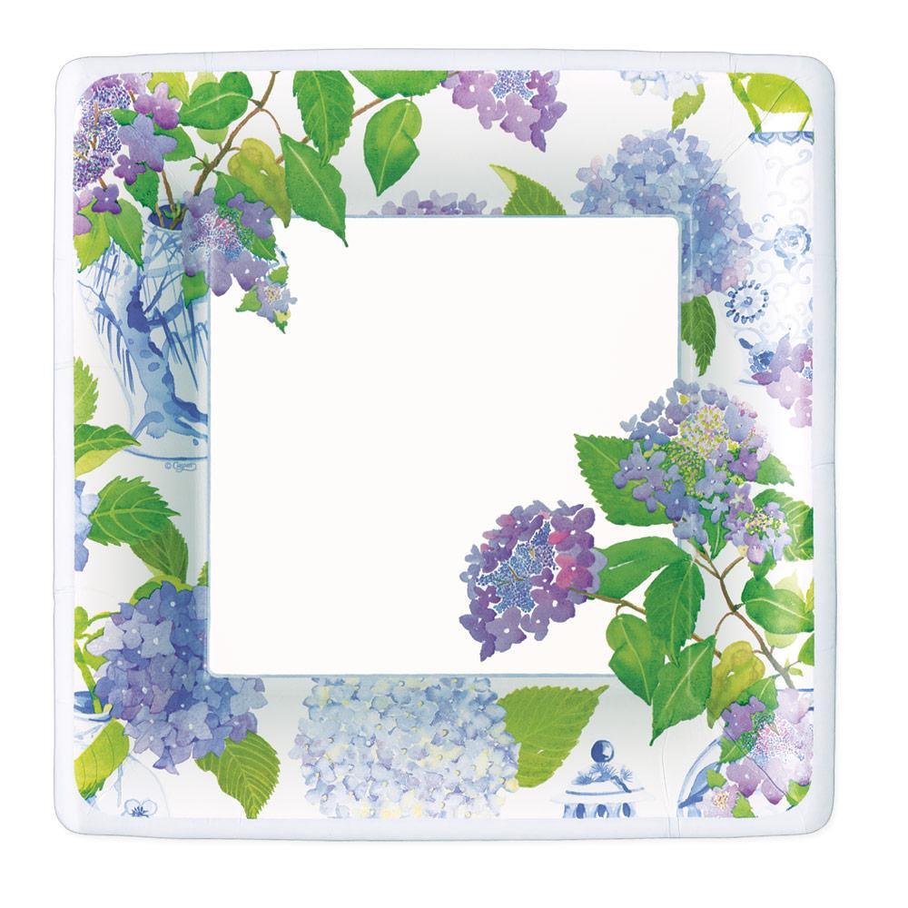 Hydrangeas and Porcelain Square Paper Dinner Plates - 8 Per Package: A square plate with a floral design, perfect for elevating any table setting.