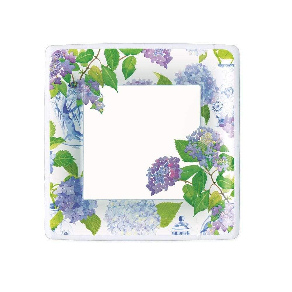 Hydrangeas and Porcelain Square Paper Salad &amp; Dessert Plates - a plate with flowers and leaves.