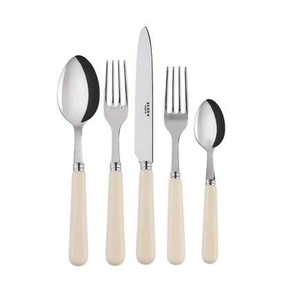 Ivory Cutlery Set of 5: A stylish kitchen utensil with a fork, knife, and spoon. Perfect for any table setup.