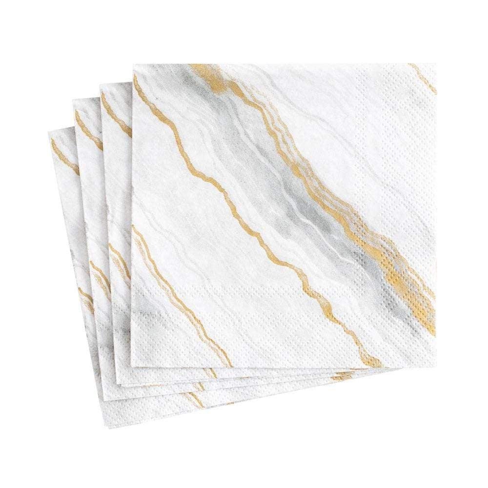Stack of gold and silver striped napkins, perfect for any occasion. Triple-ply and eco-friendly. 20 per package.
