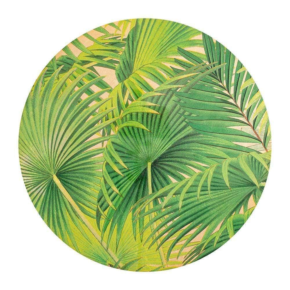 Palm Fronds Round Lacquer Placemat with green leaves and palm tree details. Handcrafted in Vietnam, these limited edition placemats showcase artisan skills and museum collections. Perfect for displaying art functionally in your home.