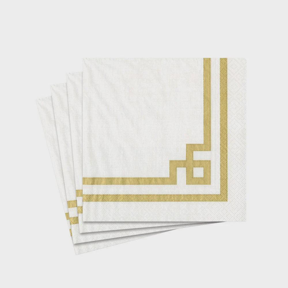 Caspari triple-ply napkins with elegant gold border, perfect for any occasion. Made of eco-friendly materials. 20 napkins per package.