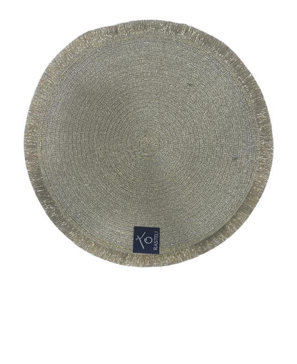Round Glitz Placemat,38cm: A durable, eco-friendly woven mat with a logo label, perfect for stylish table setups. Sold individually.