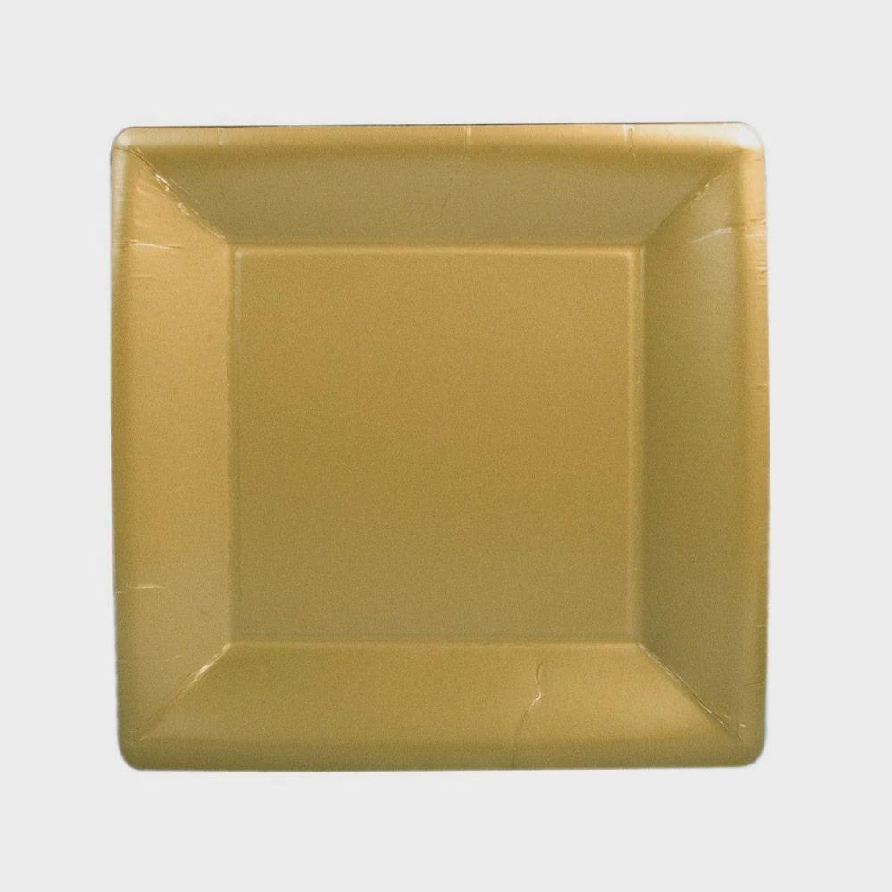 A cracked square paper plate, part of the Solid Square Paper Salad &amp; Dessert Plates in Gold - 8 Per Package collection by Caspari.