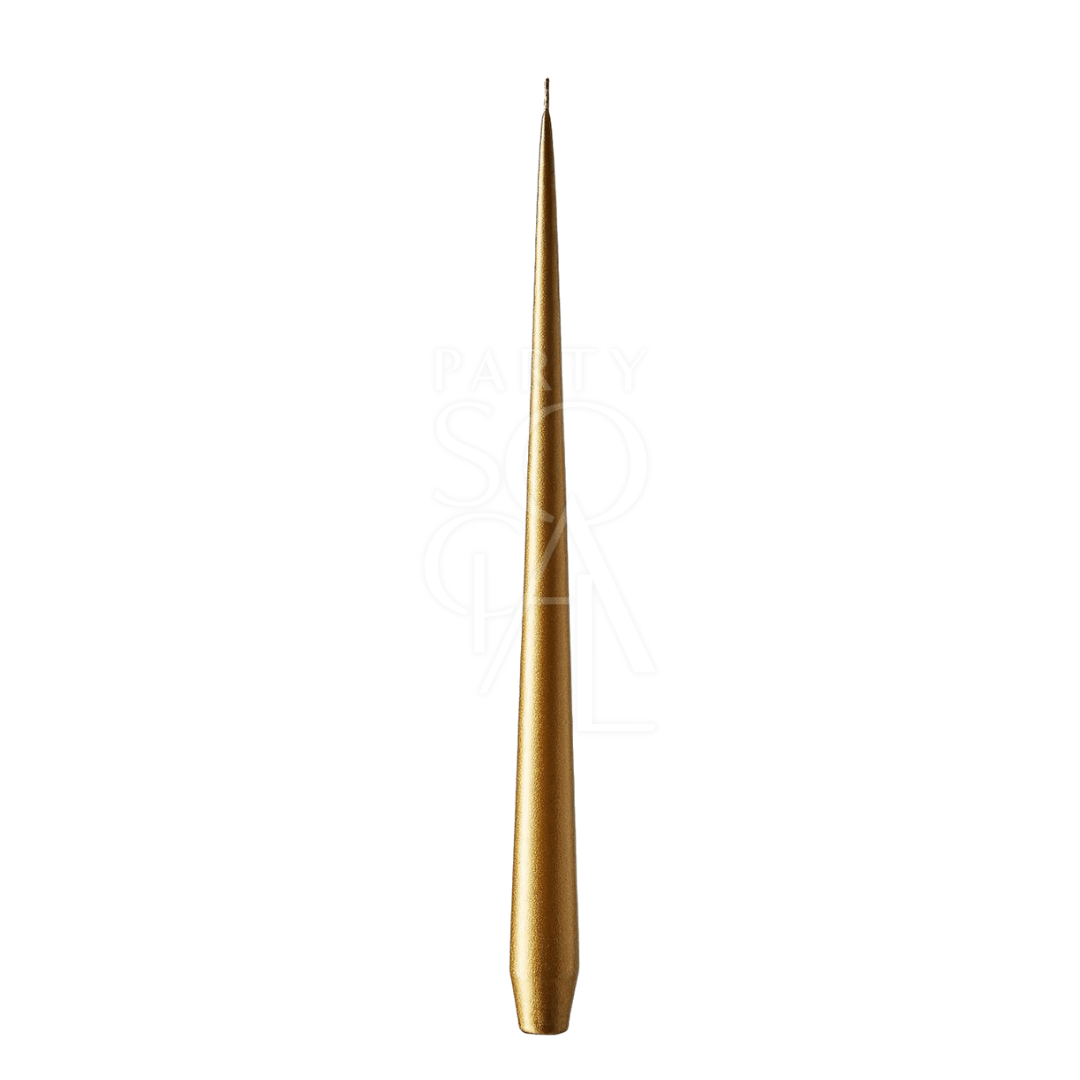 A close-up of an elegant gold tapered candle, 42cm, from Party Social. Made in Denmark to the highest standards, this smokeless and dripless candle adds a warm ambience to any setting. Sold individually.